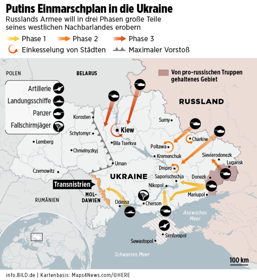 За даними німецького видання Bild із посиланням на джерела в НАТО та службах безпеки, Росія розглядає план захопити дві третини території України, включно з Києвом